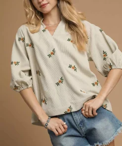 Umgee Corduroy Floral Embroidered Puff Sleeve Blouse