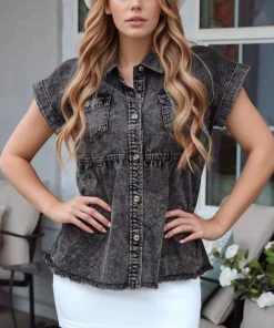 Alternative view of Short Sleeve Flap Pocket Button Up Raw Hem Denim Shirt
