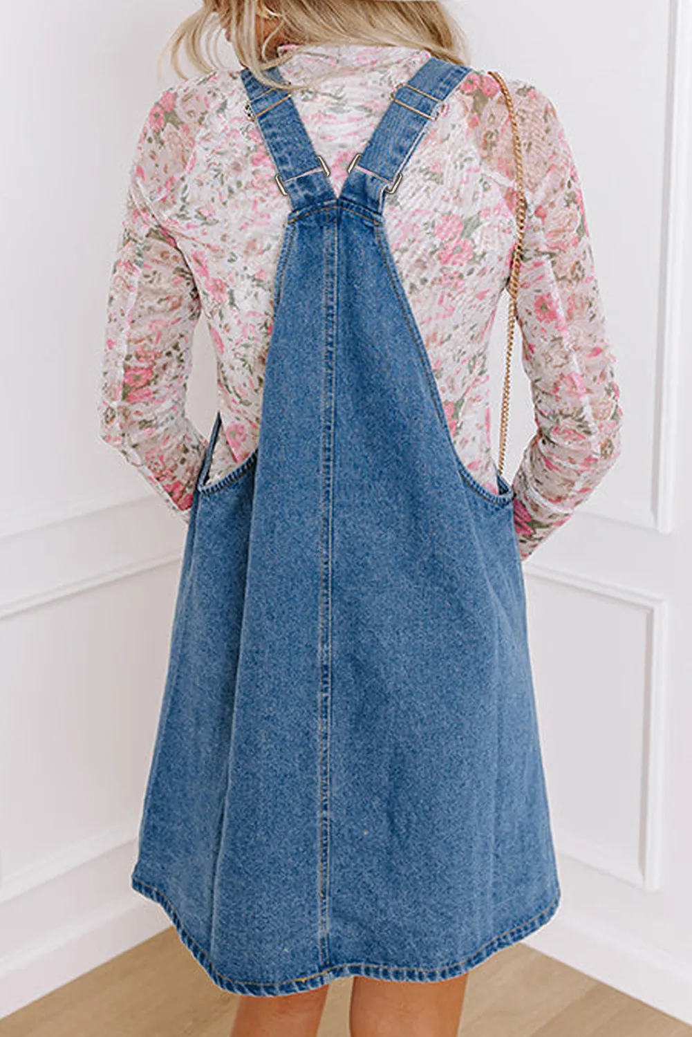 Square Neck Wide Strap Denim Overall Dress - Image 4