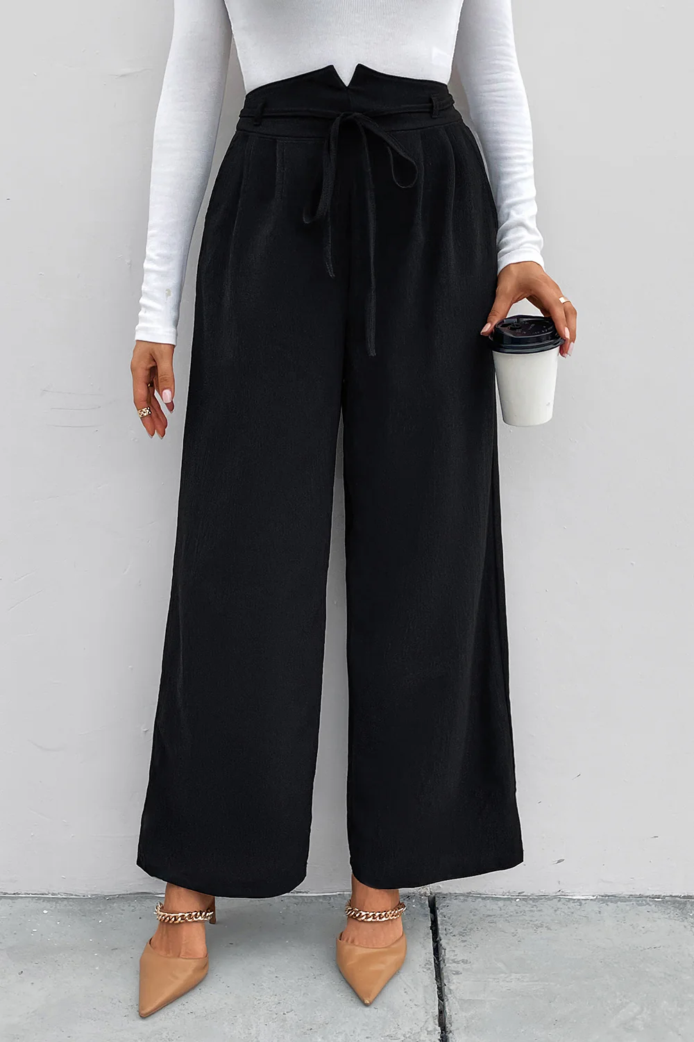 Perfee High Waist Ruched Tie Front Wide Leg Pants - Image 4