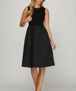 She + Sky Full Size Sleeveless Poplin Woven Midi Dress with Pockets Plus Size