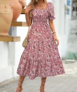 Alternative view of Floral Square Neck Short Sleeve Tiered Dress